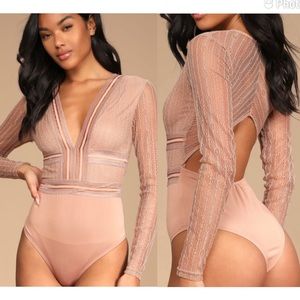 NWT Lulus Casita Beige Sheer Lace Long Sleeve Bodysuit